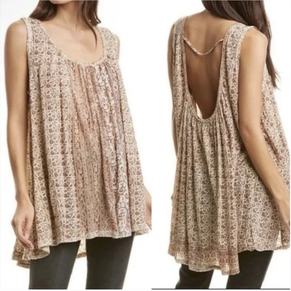 Free People Mess Around Tunic Top Small Paisley Floral Oversized Hippy Hobo Boho